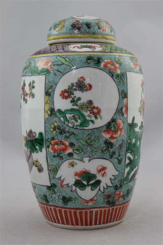 A Chinese famille verte ovoid jar and cover, late 19th century, 21cm.